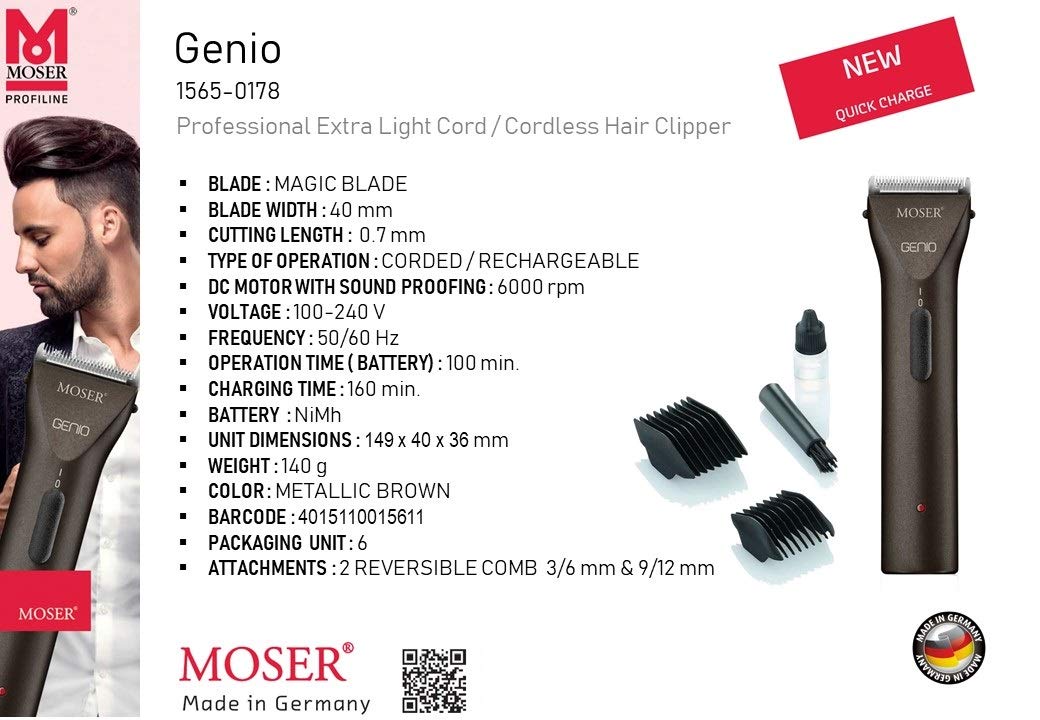 Moser Professional Cord/Cordless Clipper, Genio (1565-0178)