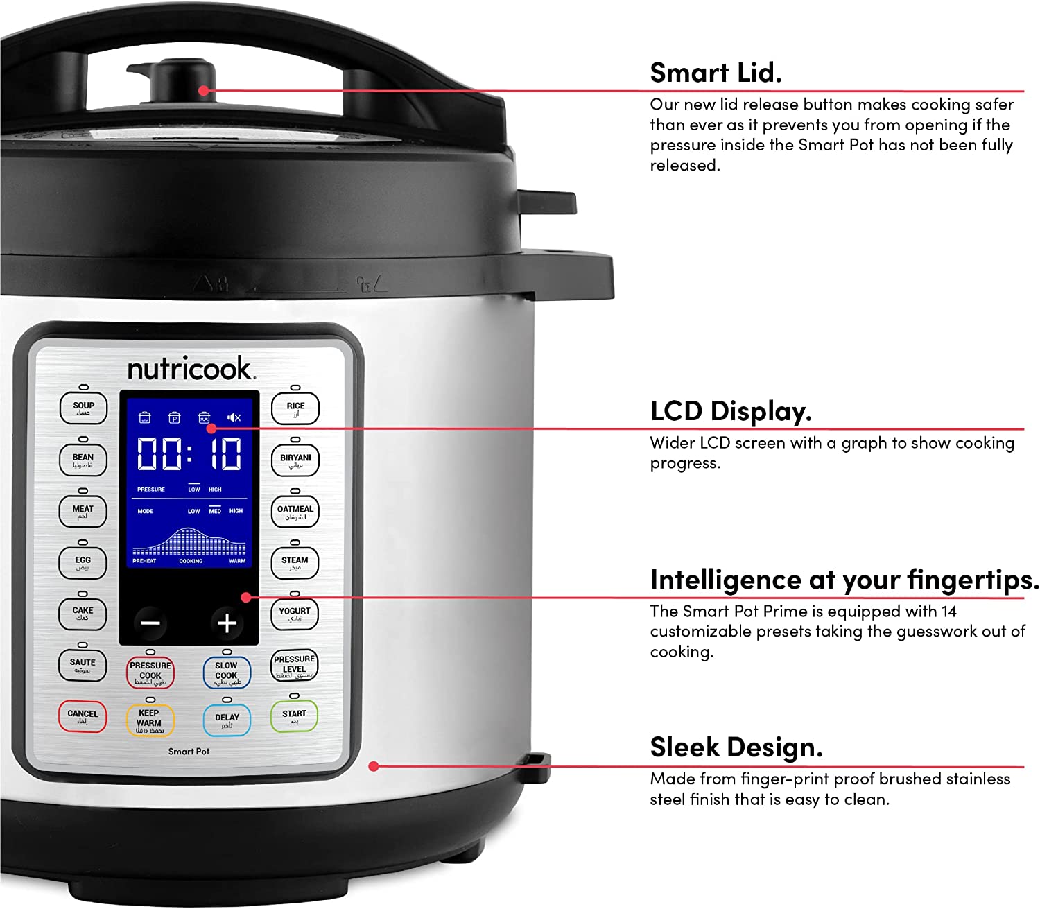 10 In 1 Multi Use Smart Pot Prime By Nutribullet Pressure Cooker, 8L, 1200W NC-SPPR8 Silver/Black